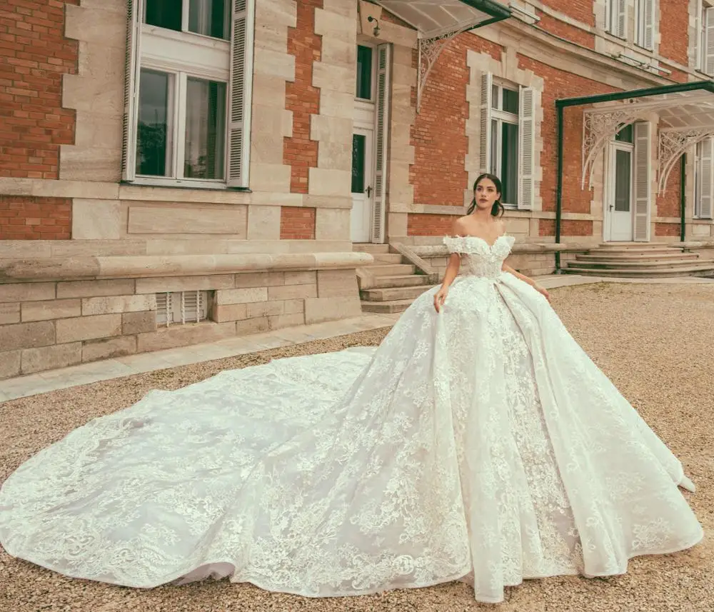 

Новое Элегантное бальное свадебное платье 2020 Милая шея Часовня Поезд А-силуэта аппликации тюлевые платья невесты Vestido de noiva longo