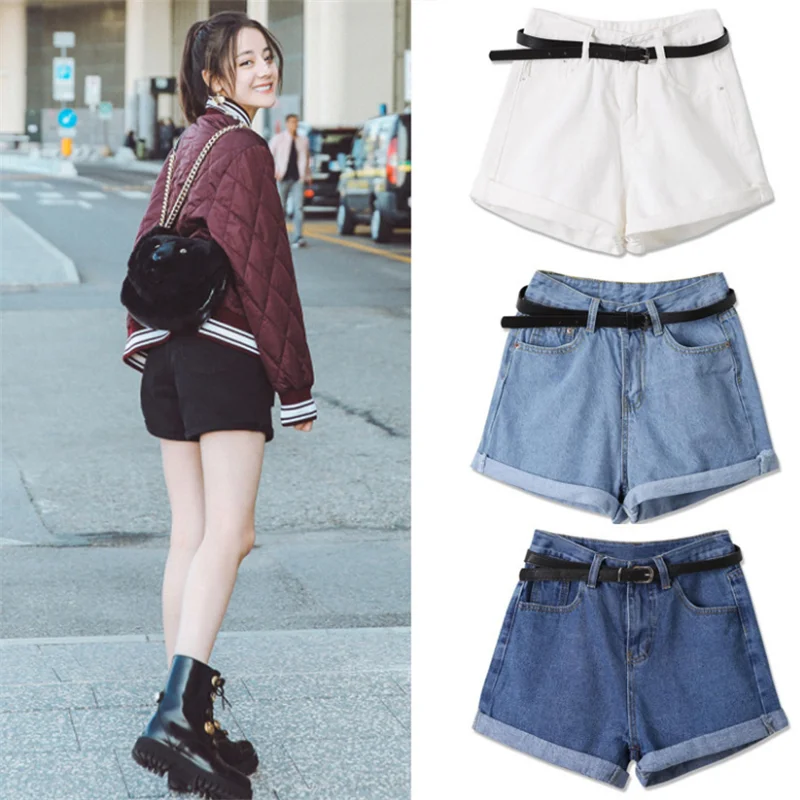 

Summer 2021 New Women's Denim Shorts With High Waisted Wide Leg Loose Crimping Sky Blue Street Style Sequined Jean Shorts Female