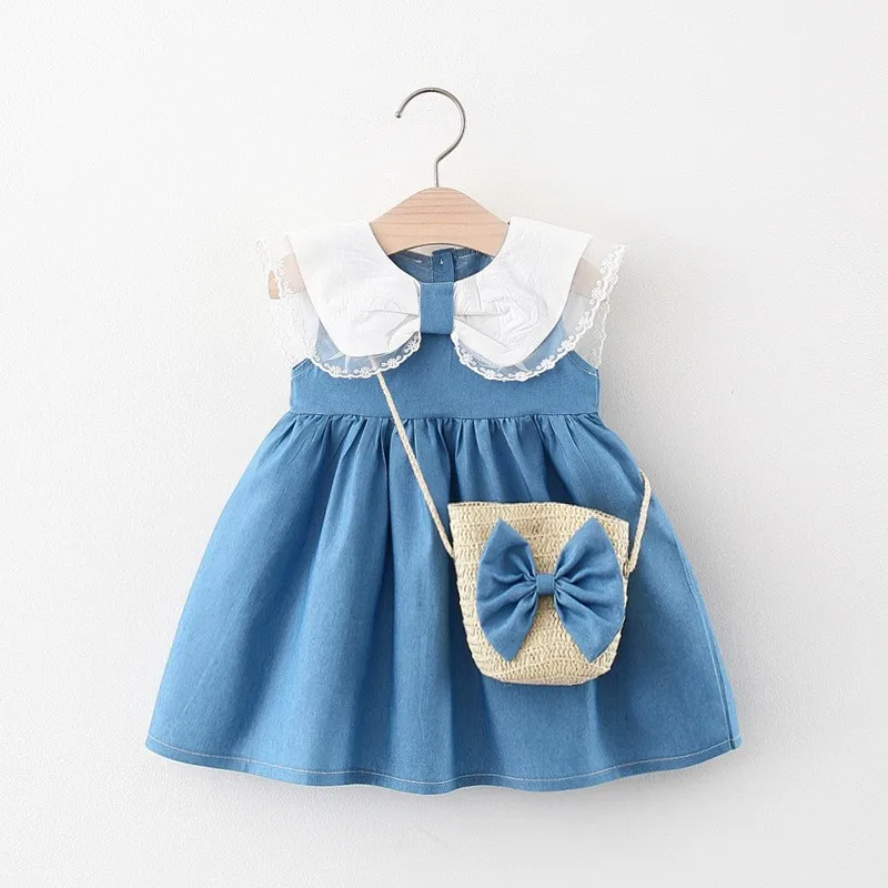 

Brand Children's Skirt Wholesale Summer New Children's Lapel Dress Send Lovely Bag Girl Flower Princess Skirt 1-4 Years Old