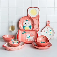 mdzf sweethome cartoon cat children tableware set baking pan with handle plate salad noodles soup bowl baking dish tray spoon