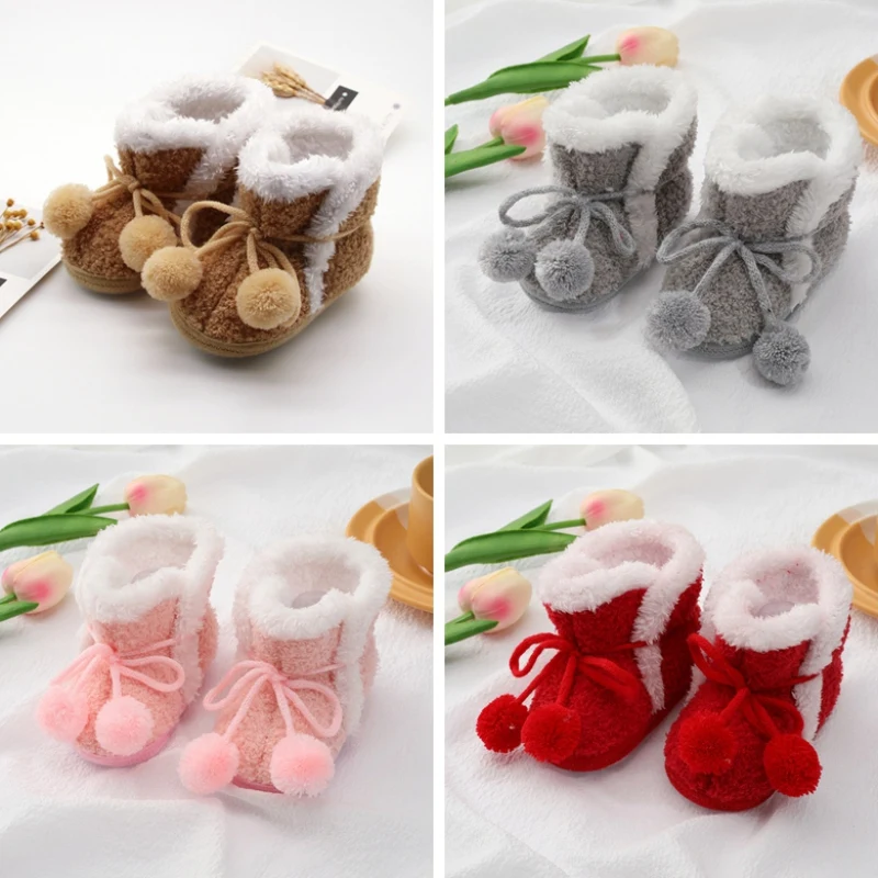 

Зимние Теплые Симпатичные ботинки для маленьких мальчиков и девочек, ботинки с помпонами, Мультяшные плюшевые ботинки на подкладке для мал...