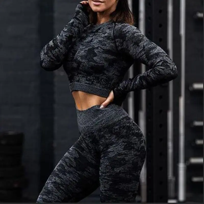 black full sleeve Новинка, набор для йоги, женские бесшовные камуфляжные топы с длинными рукавами, леггинсы с высокой талией, спортивные костюмы для фитнеса, камуфляжные костюмы, облегающие для тренировок, штаны - Цвет: black full sleeve