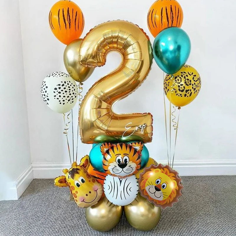 

18pcs Jungle Animal Balloons Set Chrome Metallic Latex Balloon Gold 30inch Number Kids Birthday Party Baby Shower Safari Theme