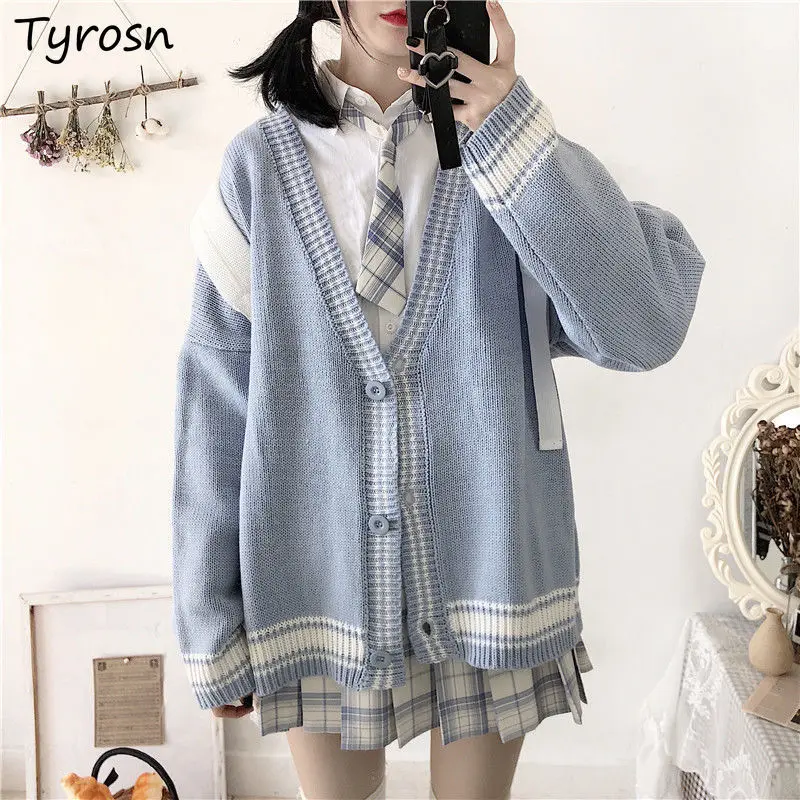 

Sets Women Sweet V-neck Single Breasted Cardigan Loose Knitted Outwear Two Pieces Preppy Style JK Mini Pleated Skirts Girlish