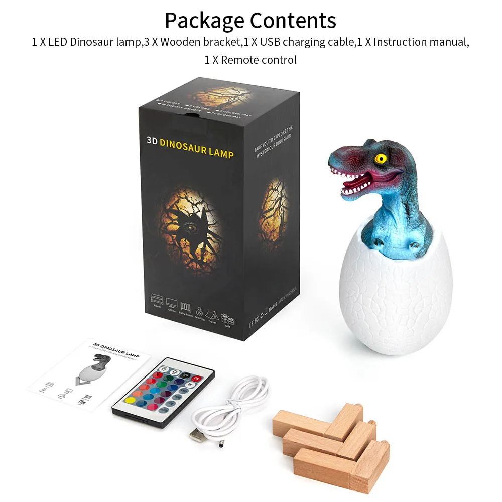 Dinosaur Egg 3D Night Light Rechargeable Control Lamp 16 Colors Change Remote LED Gift Creative smart home desk lamp | Лампы и