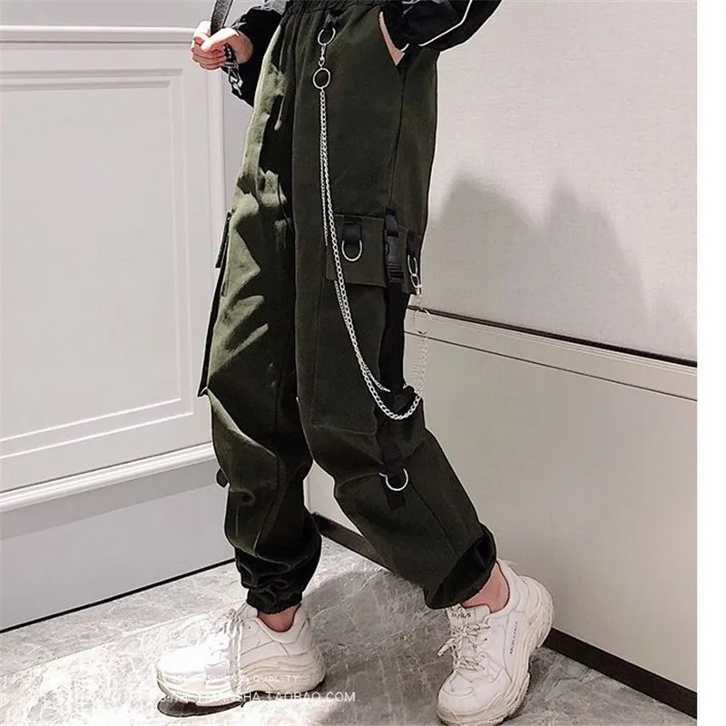 

Women's Cargo Pants Buckle Ribbon Pocket Jogger Elastic Waist High Streetwear Harajuku Pant Punk Ring Chain Females Trousers