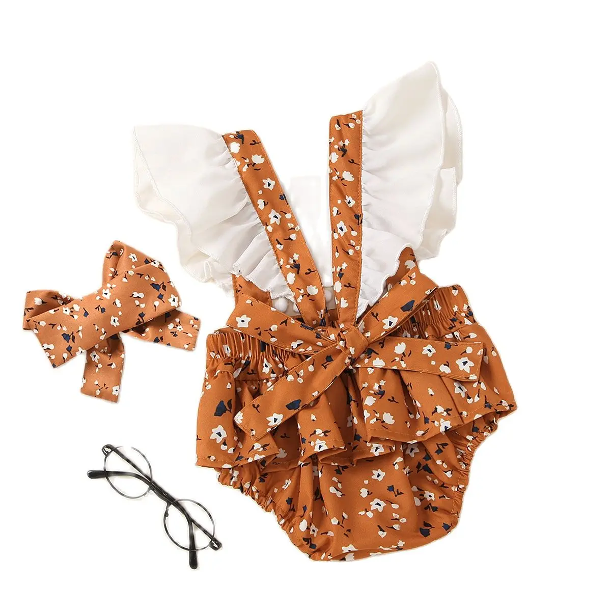 

Infant's Two Piece Set Toddler's Flower Print Romper Top Flying Sleeves Bow Hair Band for Kids