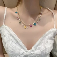2021 korean colorful glaze glass bead flower pearl choker necklace for women lades fashion metal chain party jewelry gifts