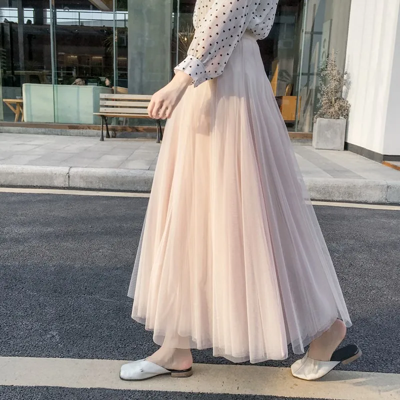 

3 Layers Spring Summer Women Long Skirts Chiffon Mesh Maxi Pleated Skirt Midi Skirt High Waist Elascity Casual Party Skirt