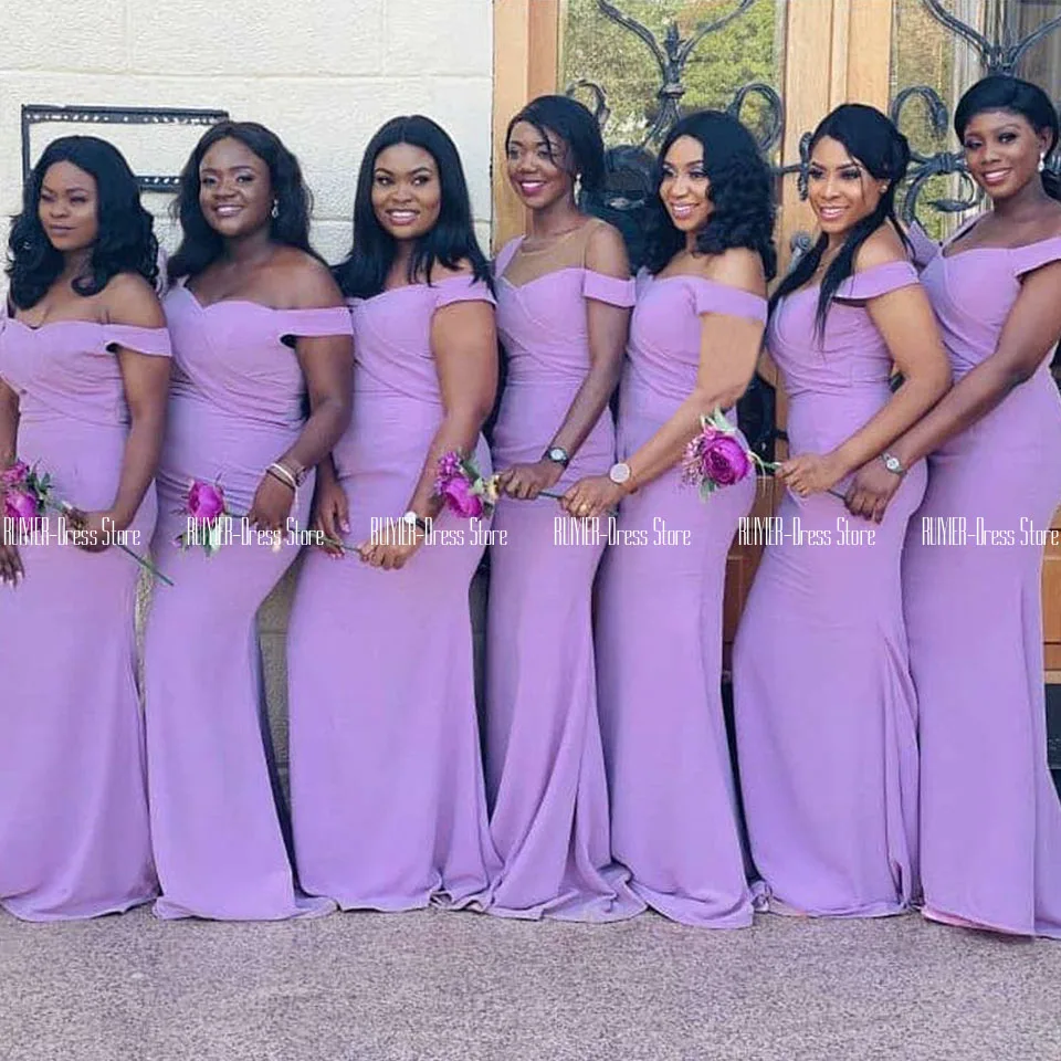 

Off The Shoulder Bridesmaid Dresses For Black Girls Lace Up Back Sheath Wedding Guest Dresses Spandex Satin Long Prom Gown