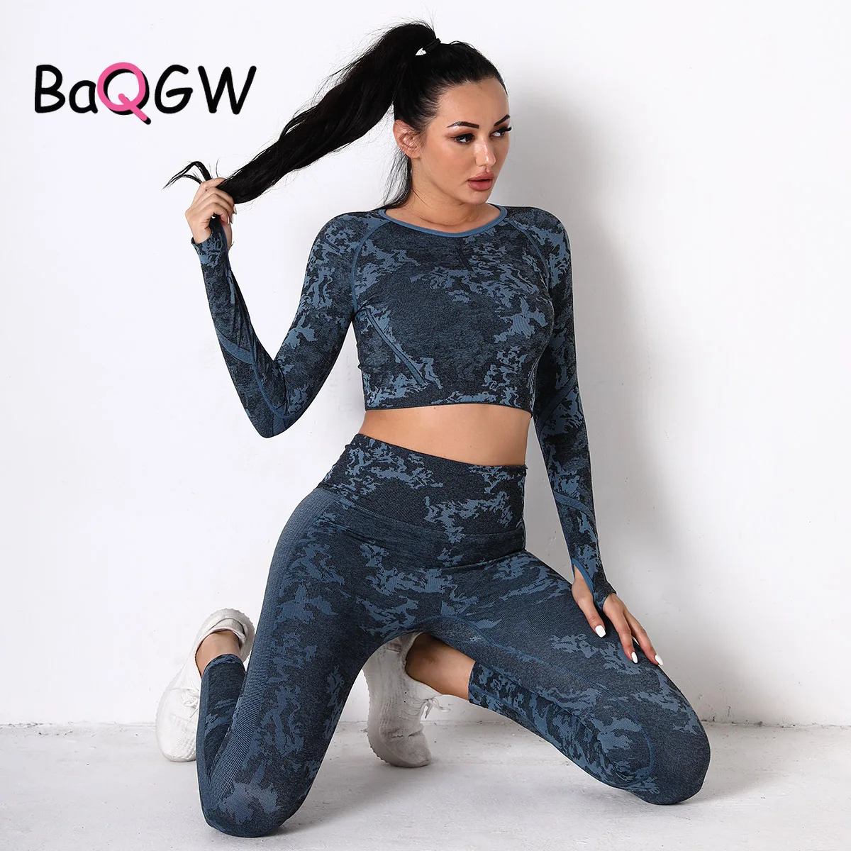 

Женский бесшовный комплект для йоги, спортивные костюмы для фитнеса, одежда для тренажерного зала, короткий топ с длинными рукавами, рубашк...