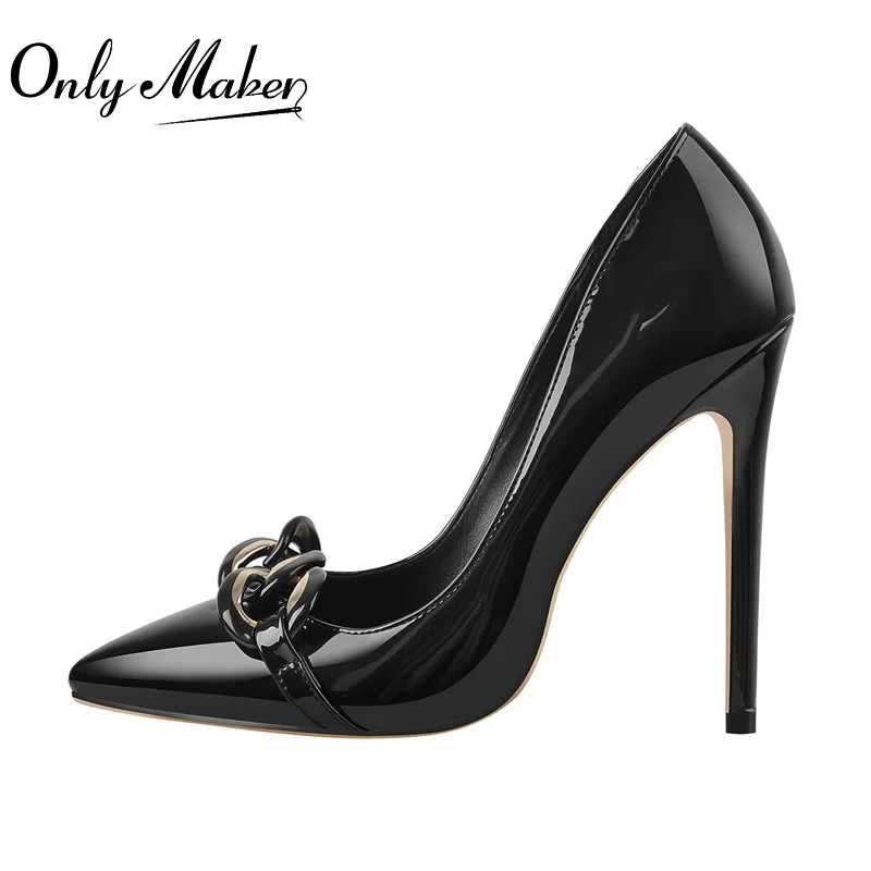 

Onlymaker Concise Pointed Toe Slip-On Stiletto High Heel Pumps Black Patent Leather Metal Decoration Shallow Large Size