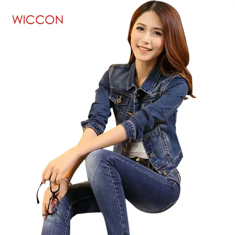 Женская джинсовая куртка с длинным рукавом повседневная короткая приталенная из