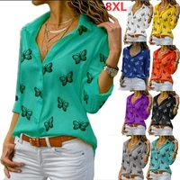 new womens shirts long sleeve chiffon tops casual butterfly print blouses loose lapel shirt office ladies tops plus size s 5xl