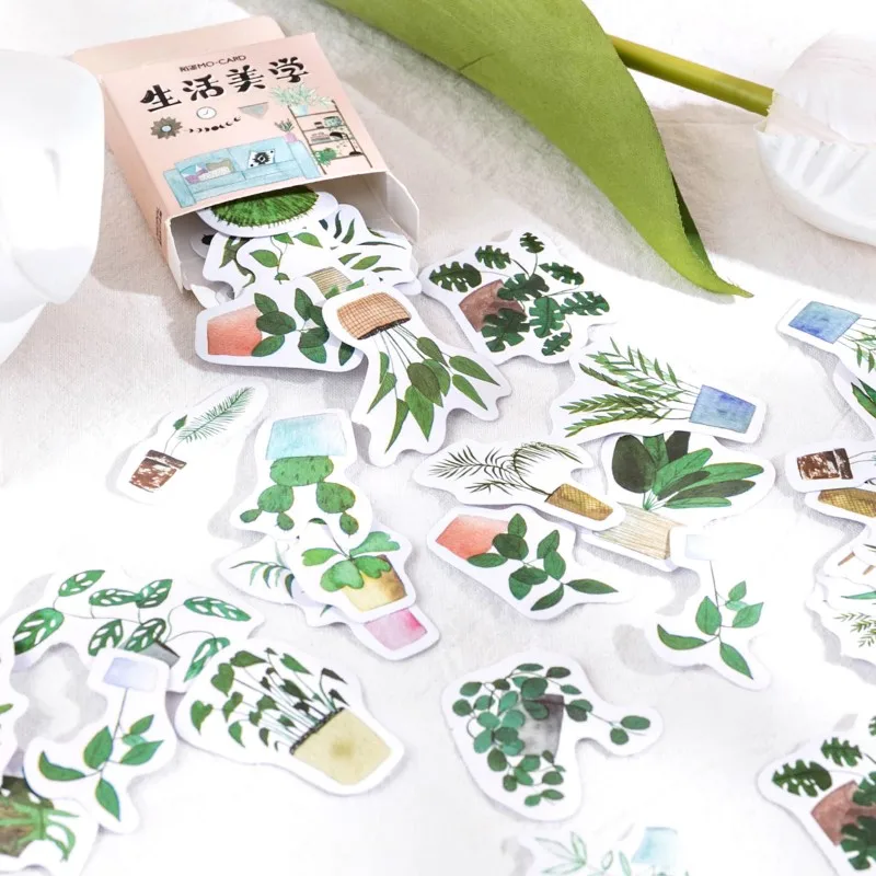 

46Pcs Box Green plant Aesthetics Stickers leaf clover potted Lysimachia Scrapbooking Diary Handmade Album DIY Paper 4CM
