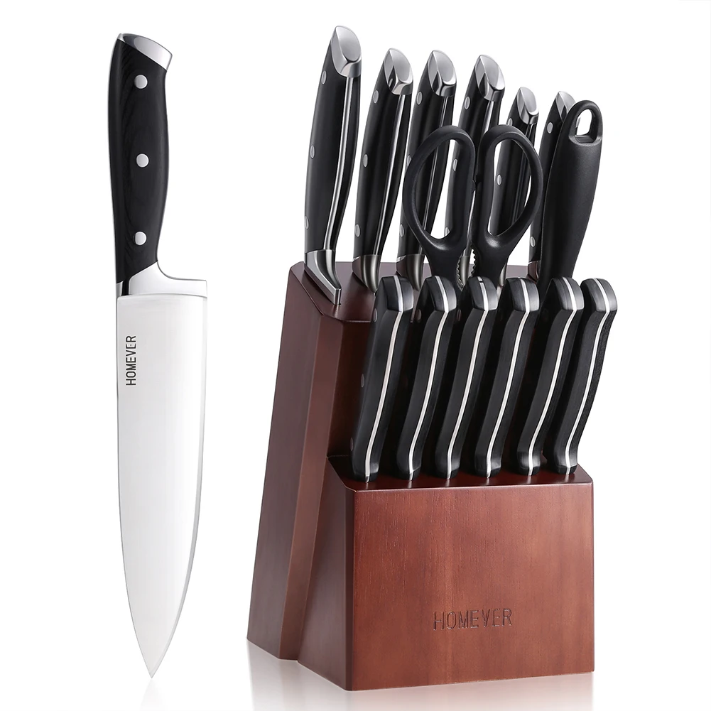 

15PCS Kitchen Knife Set Professional Chef Knives Japan Carbon Stainless Steel Wooden Block Knife Sharpener Bread Steak Scissors