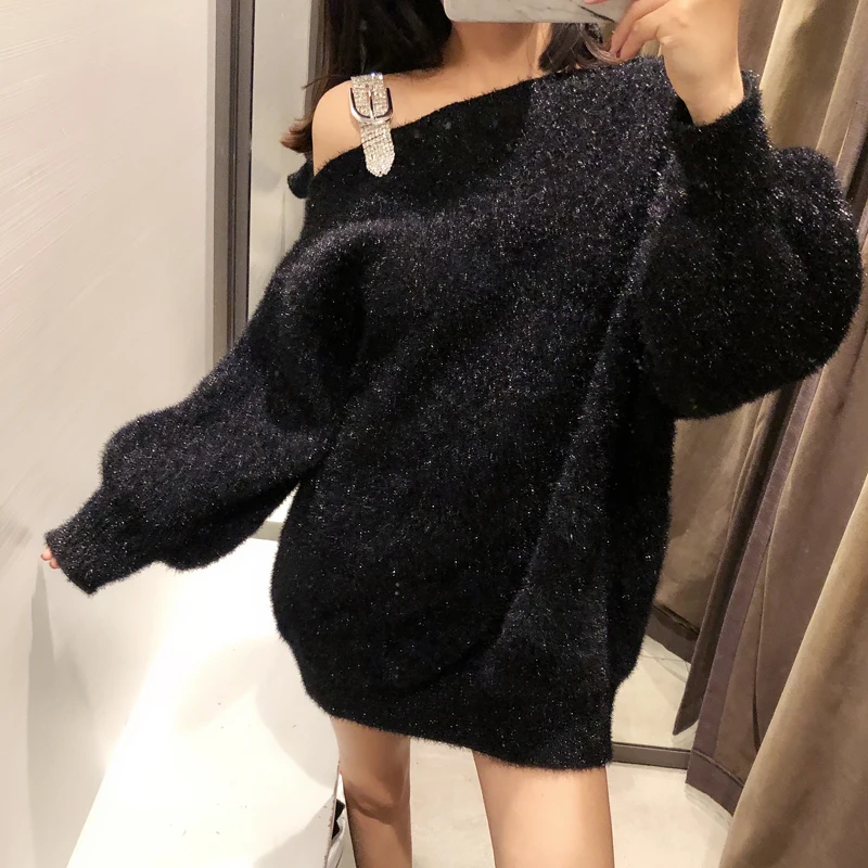 Женский свитер средней длины Белый свободный трикотажный со стразами и дырками