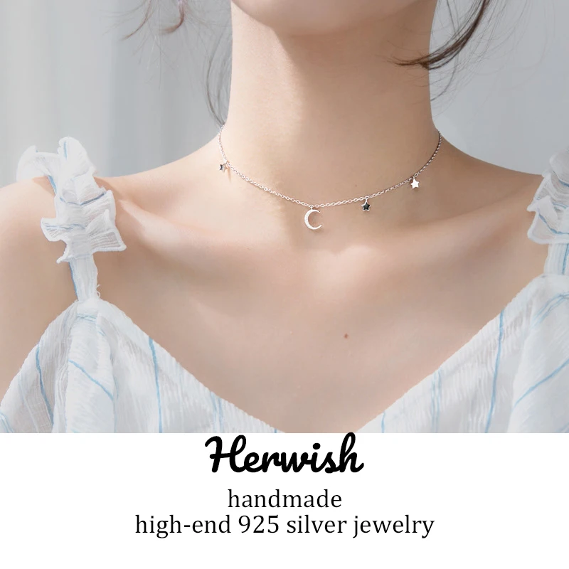 Herwish, ожерелье-чокер в виде звезды и Луны, цепочка 925 пробы, Серебряное чокер, ожерелье, подарок для подруги, милые корейские женские ювелирные изделия