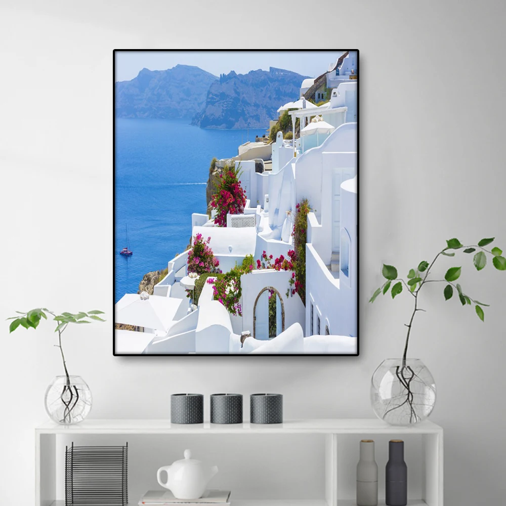 

Laeacco Santorini Scenery Canvas Painting & Calligraphy Posters and Prints Wall Art Pictures for Living Room Home Decoration
