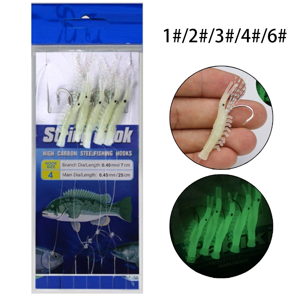 

5 In 1 Soft Fishing Lure Bait Rigs Luminous Shrimp Fish Head String Hook Sets Stainless Steel+Nylon+PVC Fishing Tools Tackle