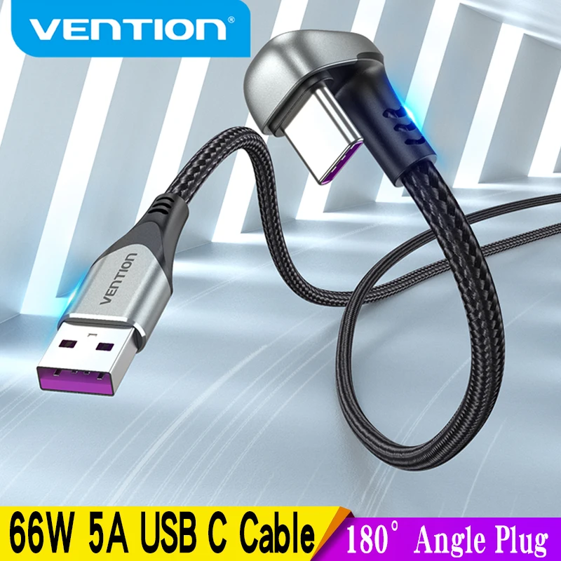

Vention 66W 5A USB Type C Cable for Huawei P40 P30 180°Angle Fast Charging Wire for Nintendo Switch Xiaomi U shaped USB C Cable