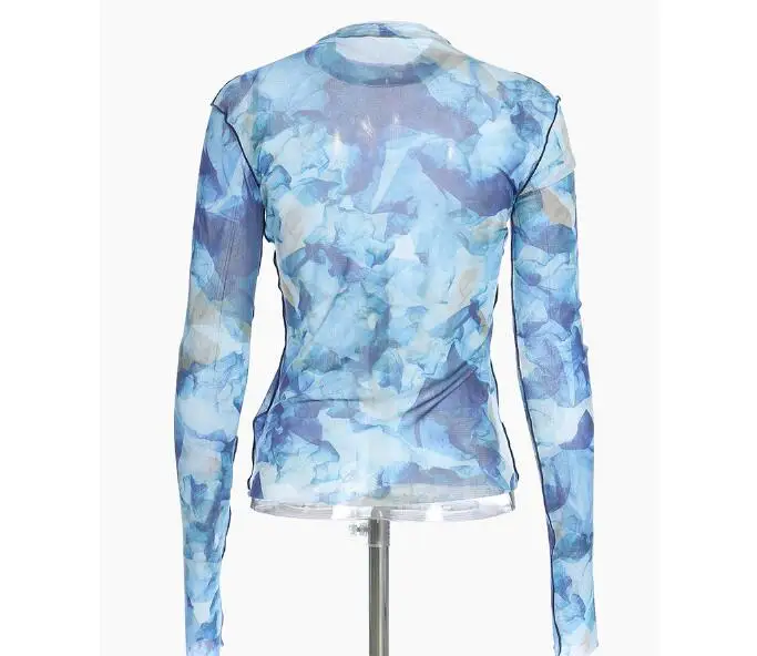 

Cultiseed Women Sexy Perspective Mesh Rrint T-Shirt Tees Female New Fashion Long Sleeve Skinny Basic T-shirt Tops Casual tshirts