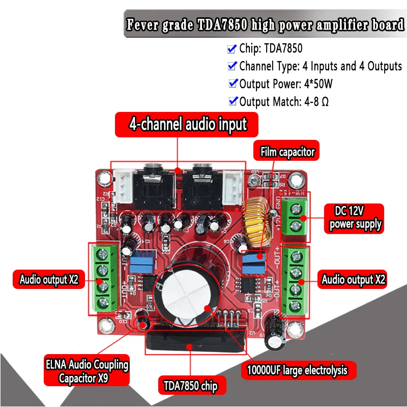 Fever class TDA7850 Плата усилителя мощности 4-канальный автомобильный усилитель мощности 4X50 Вт с шумоподавлением BA3121