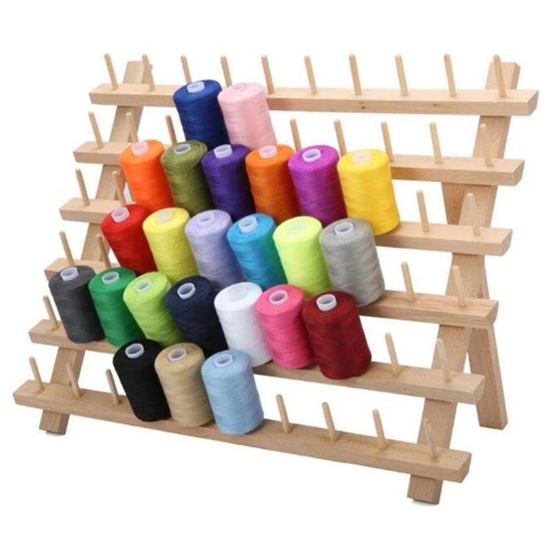 

60 Spools Wooden Thread Rack/Thread Holder Organizer with Hanging Hooks for Embroidery Quilting and Sewing Threads