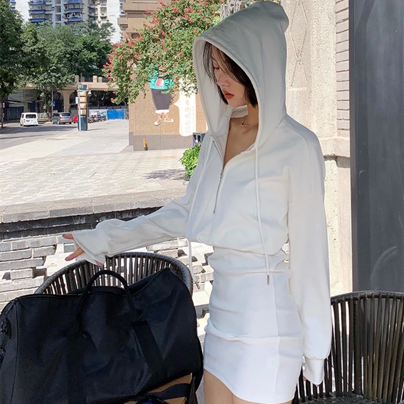 

White Long-sleeve Hooded Mini Sweatshirt Dress Autumn Spring 2021 New Vintage Gothic Girls Lady Package Hip Batwing Sleeve Dress