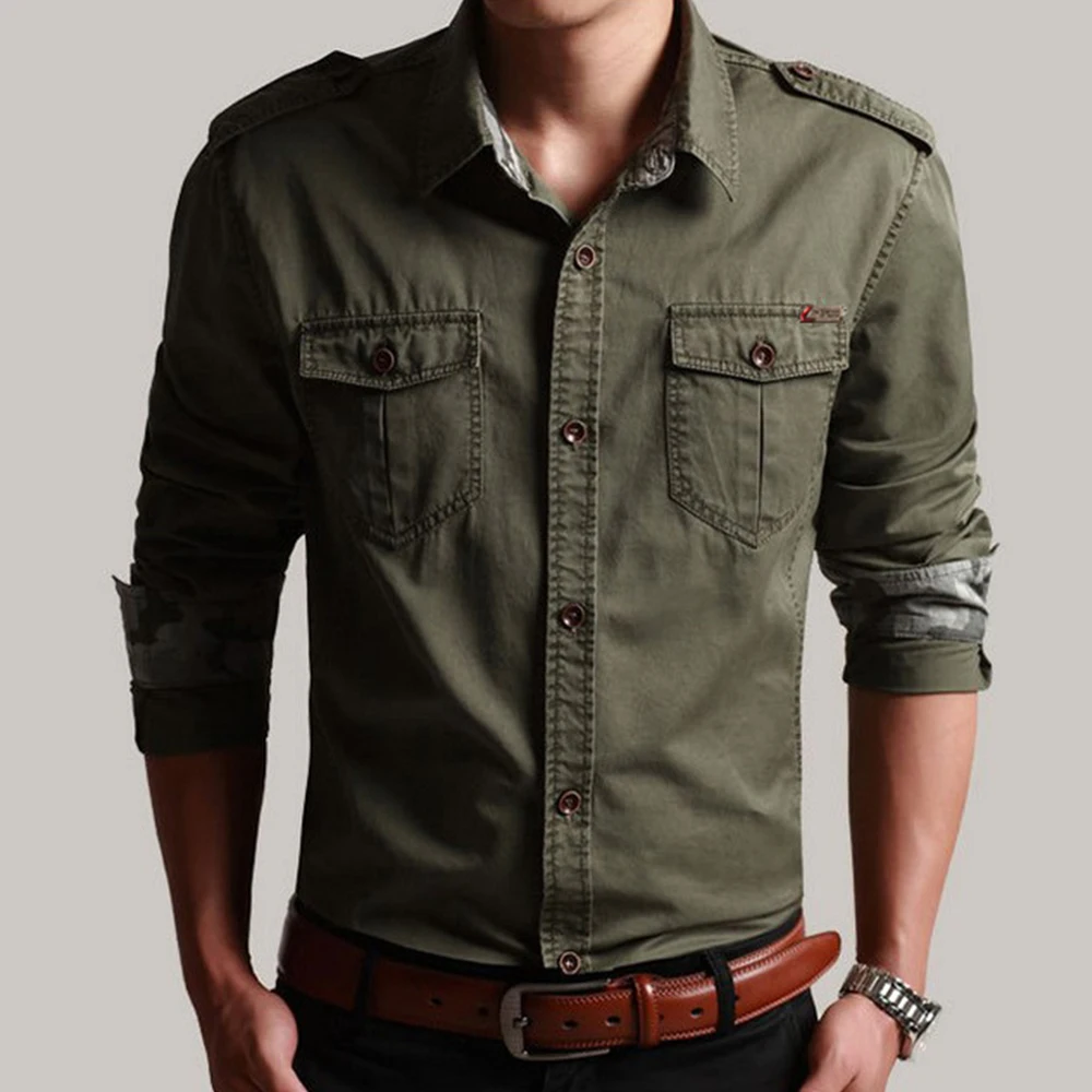 Мужская Уличная хлопковая рубашка с длинным рукавом в стиле милитари