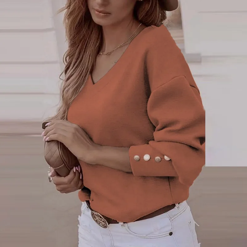 

Autumn Women Solid Sweet Button Tee Shirt 2020 Elegant New V-Neck Long Sleeve T-Shirts Casual Loose Lady Pullover Tops Mujer 3XL