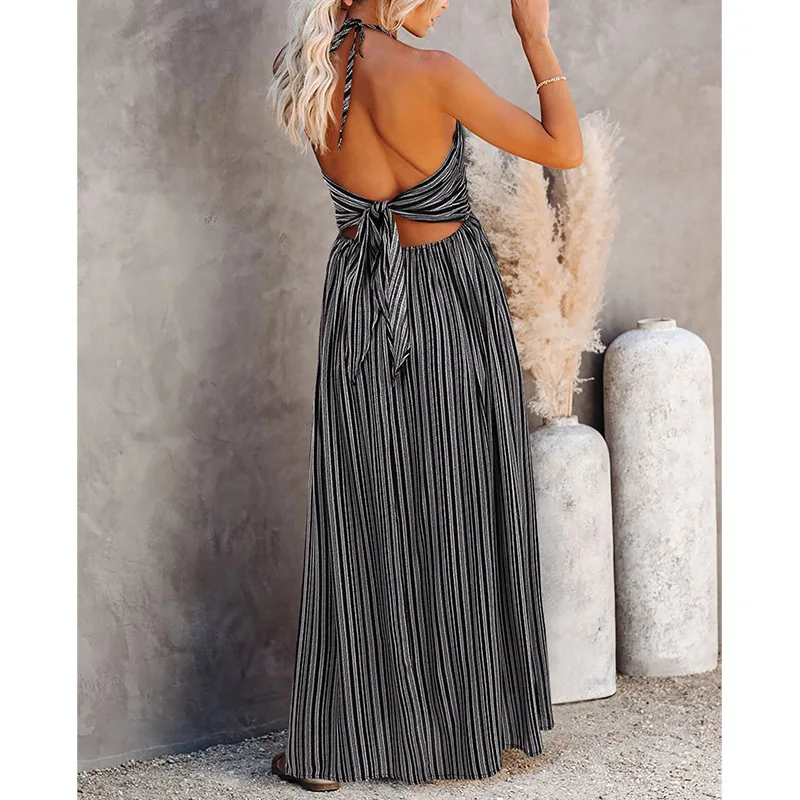 

2021 maxi dresses for women Bohemian High waist V-neck sexy Backless loose Spaghetti Strap Bandage Party beach Floor-Length