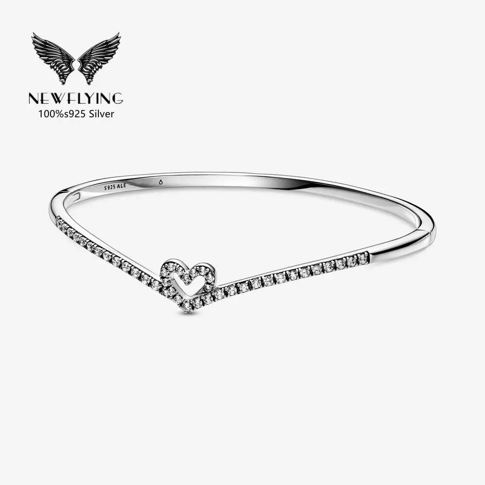 

925 Sterling Silver Bling CZ Zircon Iconic V-shape Bracelet Wishbone Openwork Heart Bangle Fit Pand Charm Gift For Women
