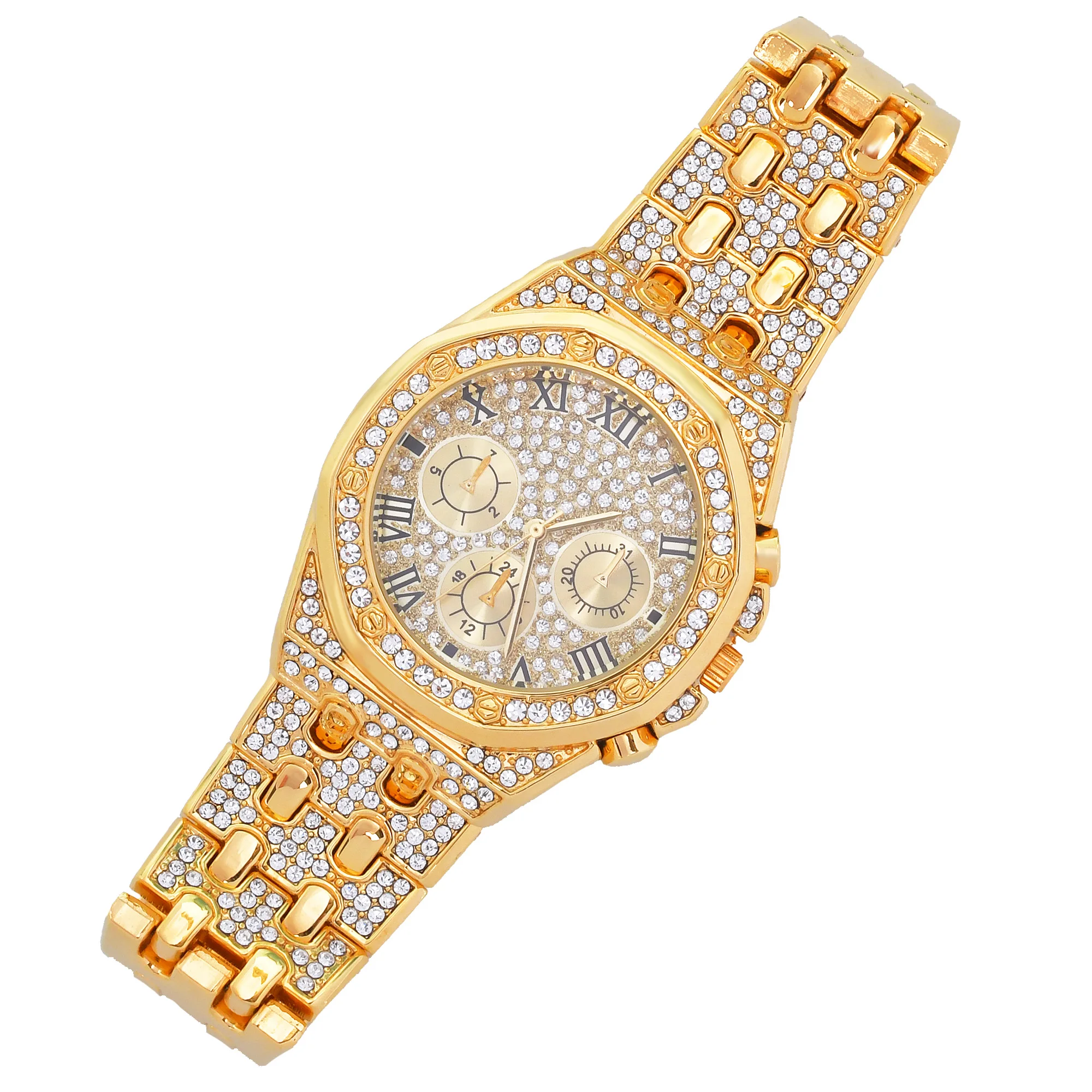 

Men's Watch Gold Color Irregular Big Dial Military Quartz Clock Luxury Rhinestone Business Waterproof Wrist Watches