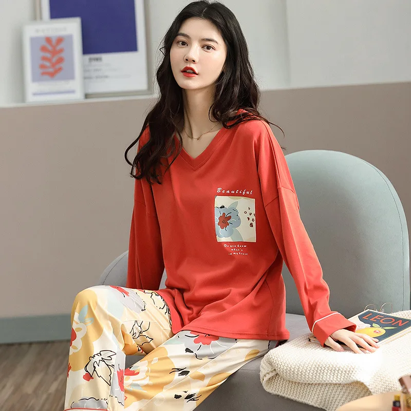 Пижамный комплект женский с цветочным принтом теплый хлопковый Повседневный