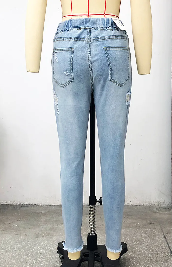 

Fashion Women Denim Pencil Pants Female Hollow Out Trousers Ripped Jeans For Women Drawstring Pockets Bottoms