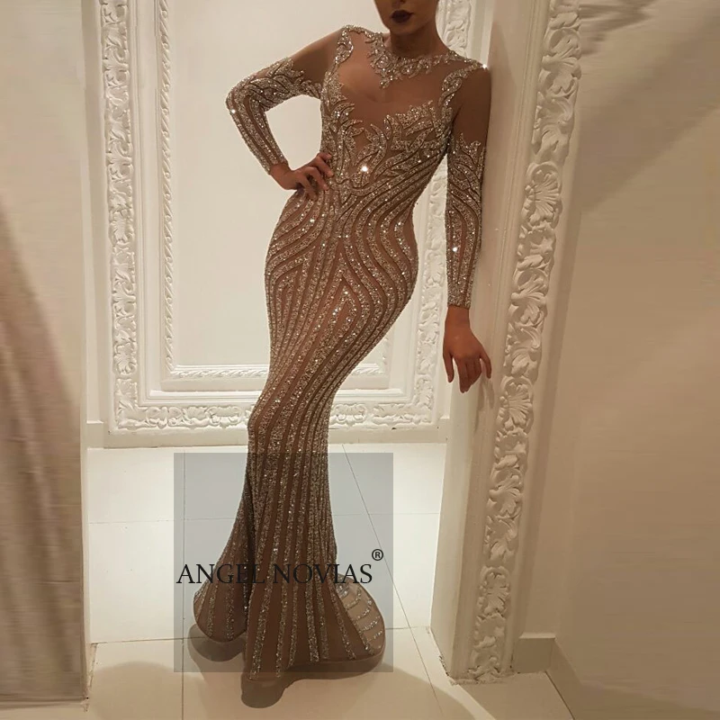 

Long Sleeve Crystals Beads Mermaid Arabic Dubai Woman Evening Dress 2020 Formal Prom Dress Party Gown abendkleider lang luxus