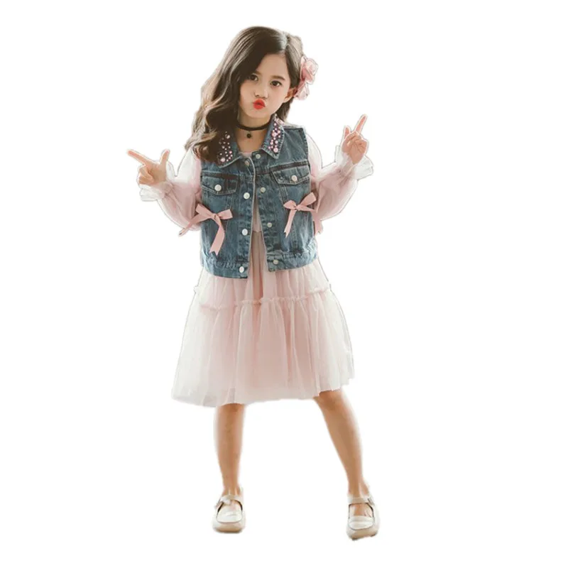 Джинсовая куртка для маленьких девочек комплект с кружевным платьем из 2