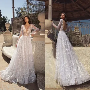 2020 A Line Wedding Dresses Deep V Neck Long Sleeves Lace Appliques Bridal Gowns Custom Made Backless Sweep Train Wedding Dress