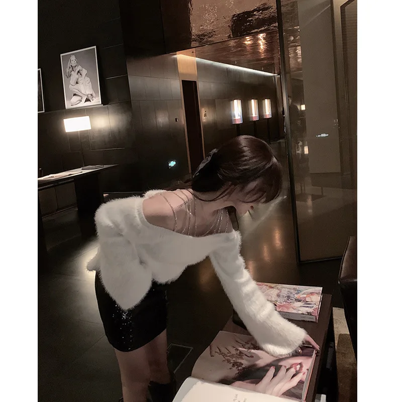 

Jane Deiune 2021 Autumn winter Women Korean Off The Shoulder Long Sleeved Knitted Sweater Saber Drill Slash Neck Sexy Tops