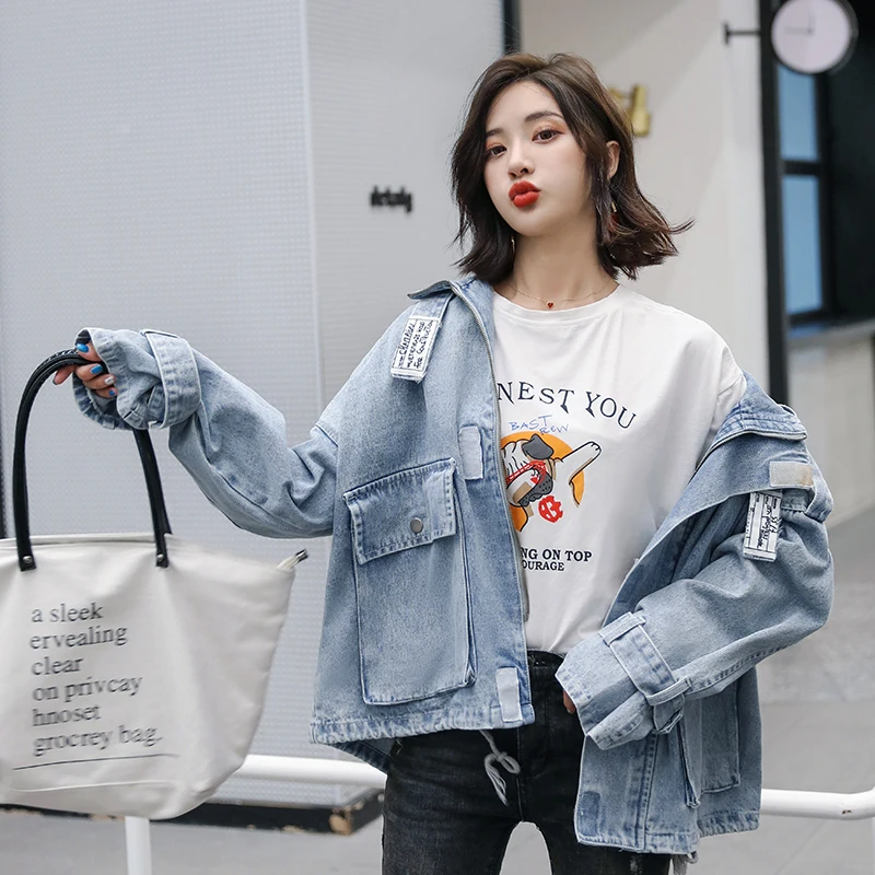 Большой карман джинсовая куртка Женская свободная летучая мышь рукав простая