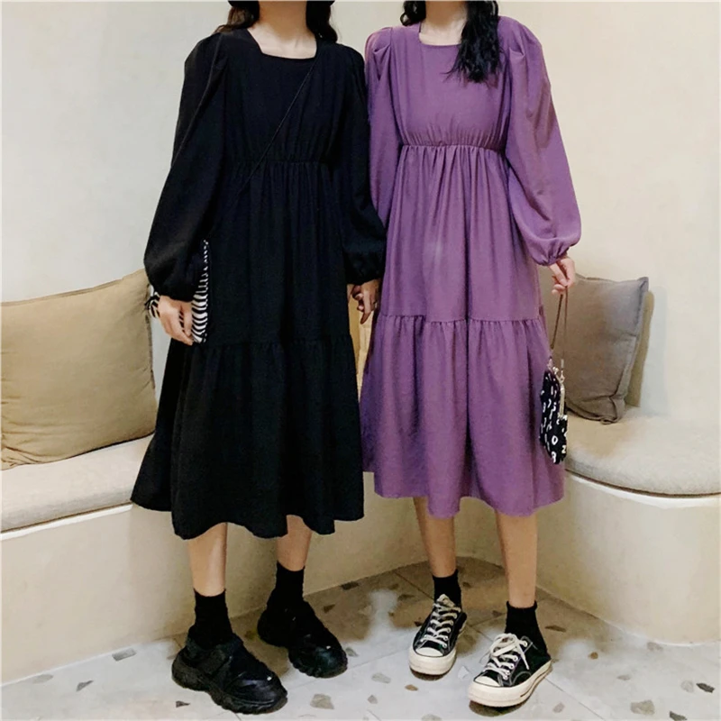 

Милое женское платье с квадратным воротником, весеннее винтажное однотонное элегантное женское платье трапециевидной формы, Повседневное ...