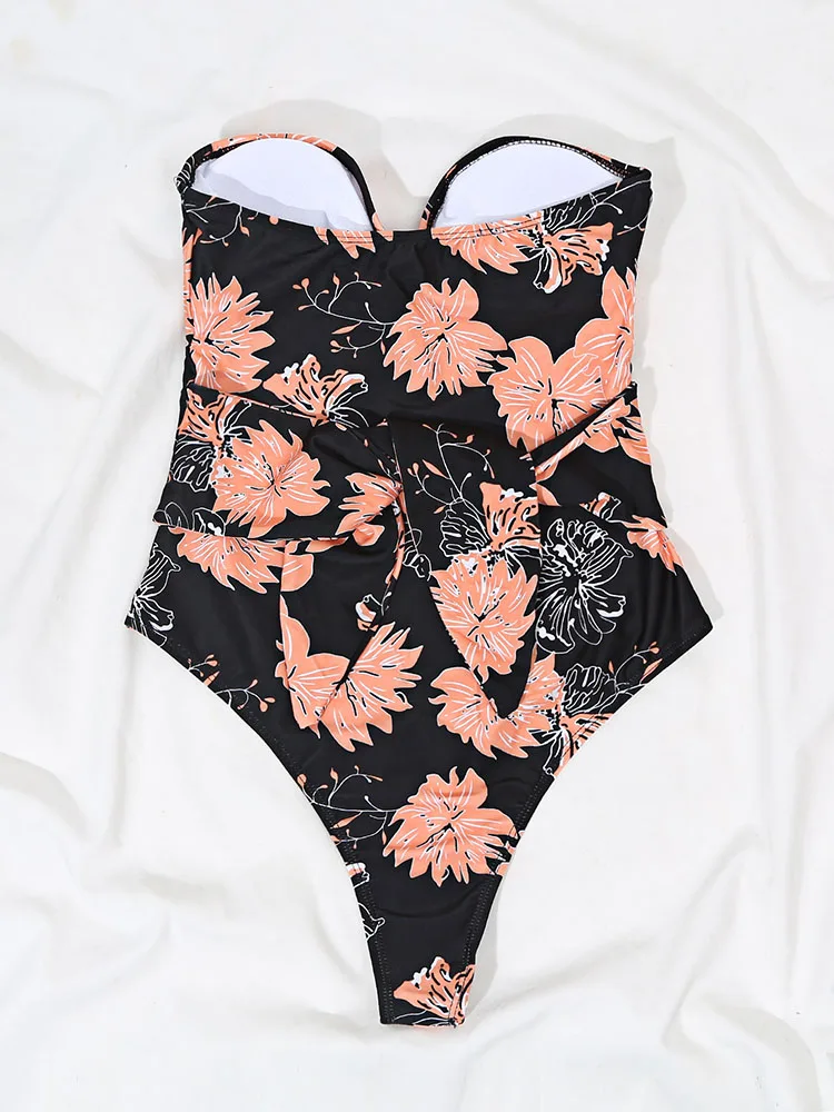 

ZTVitality Flowers Print Sexy One Piece Swimsuit 2020 New Arrival Padded Bra Strapless Belt Swimwear Women Bathing Suit Monokini