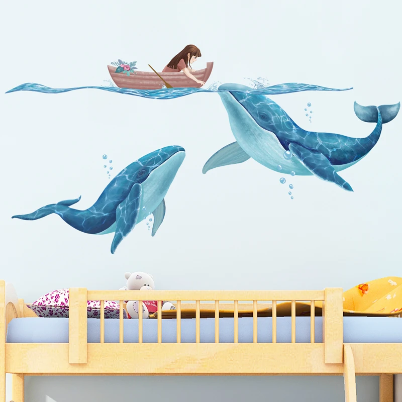 

3D Large Blue Whale Wall Sticker for Baby Kids Rooms Home Decor Living Room Cartoon Mural Art Classroom DIY Wall Decals