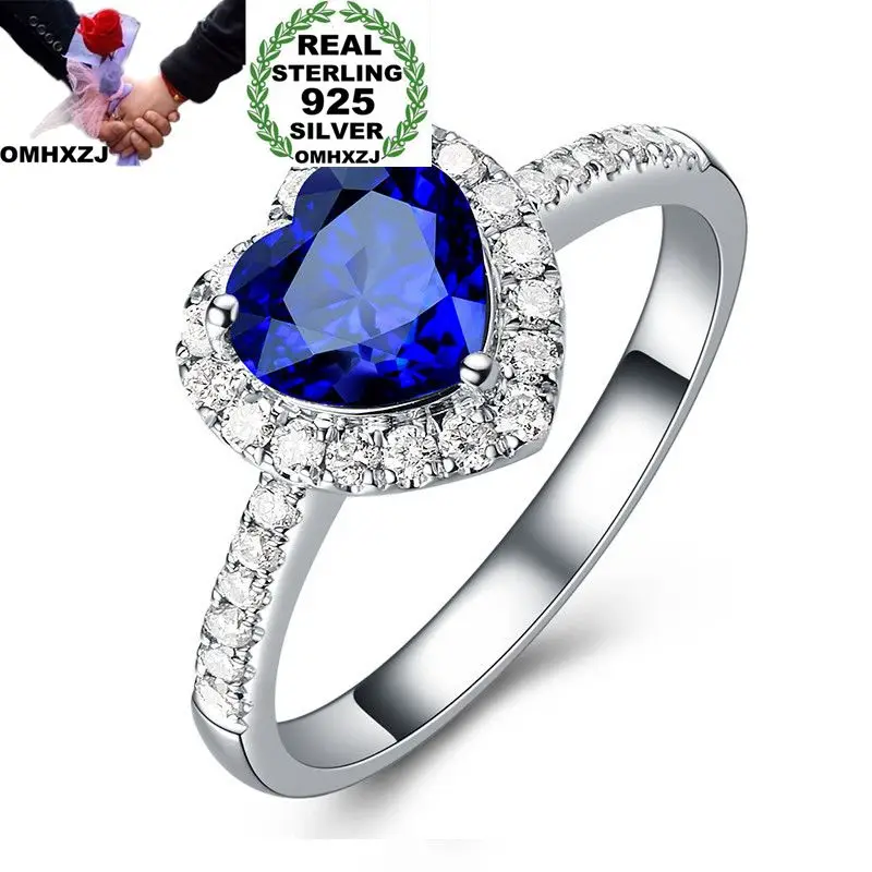 

OMHXZJ Wholesale European Fashion Woman Girl Party Wedding Gift White Blue Heart AAA Zircon 925 Sterling Silver Ring RR207