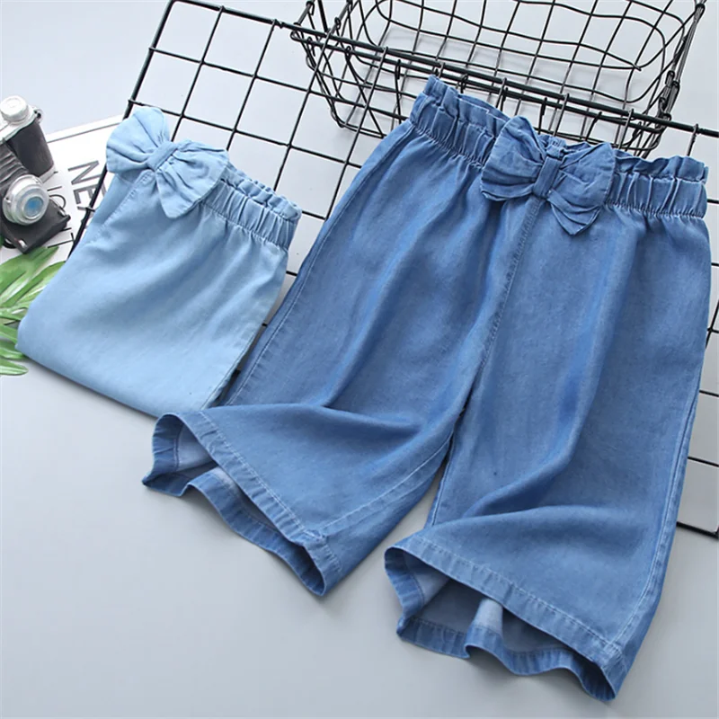 Джинсы для девочек с бантом и широкими штанинами 2022 летние корейские легкие
