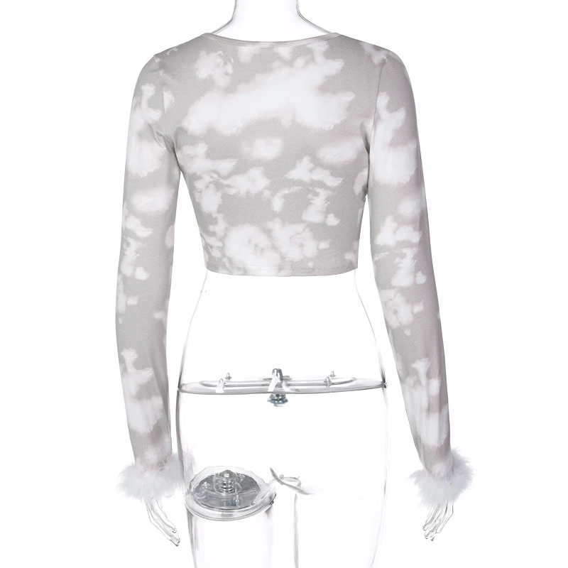 

Autumn Winter Long Sleeve Bangage Cut Out Print Sexy Fur Tshirt Top Women Fashion Streetwear Casual Outfits