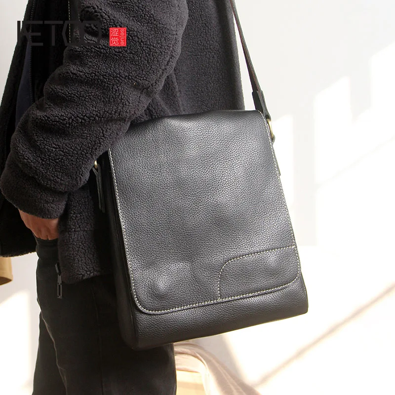 

AETOO Men's head leather one-shoulder bag, vintage leather slant edifer bag, black business leather bag