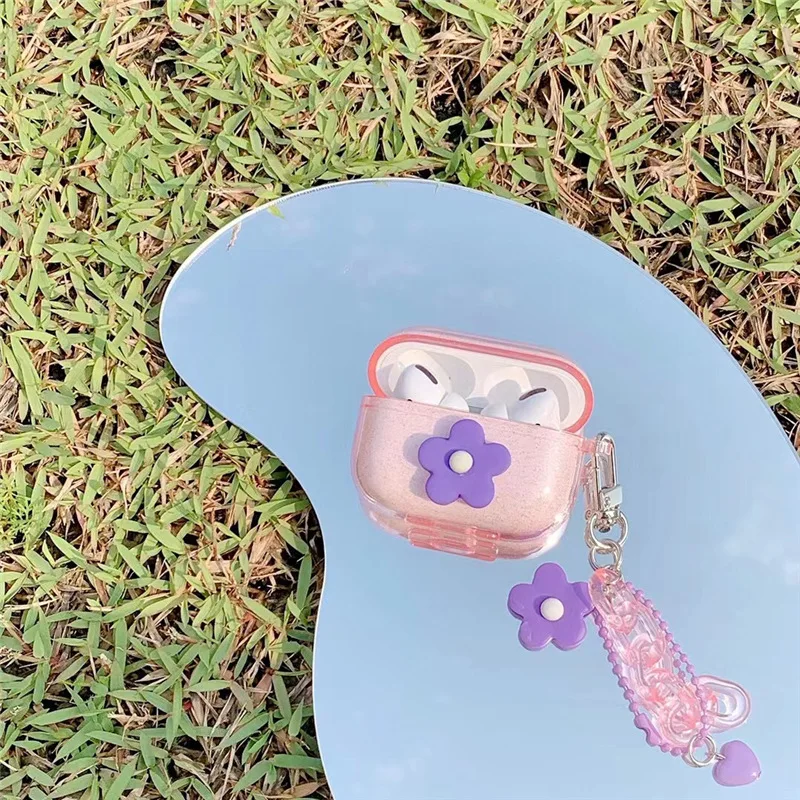 

Purple Flower Pink Glitter Case For airpods 1 2 Soft Silicone Bling Earphone Cases Cover For Airpods Case Funda Keychain