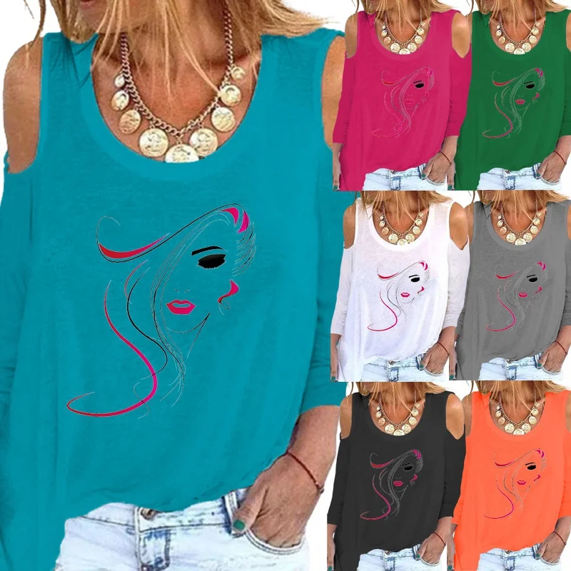 

Women Clothing Fashion Printing Graphic Tee Sexy Off Shoulder Long Sleeve Round Neck Loose Shirt Casual Tops-tees